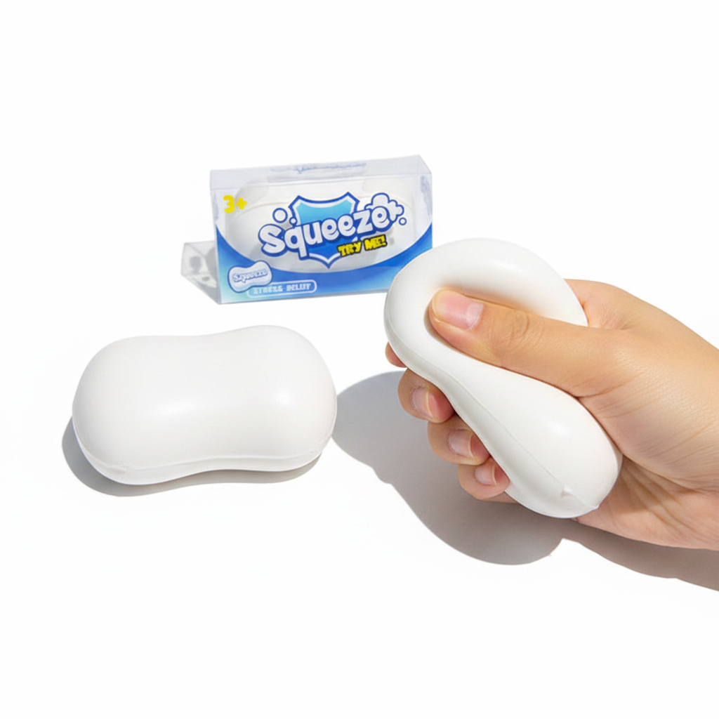 Soap squeeze toy next to Squeezer packaging, one being squeezed