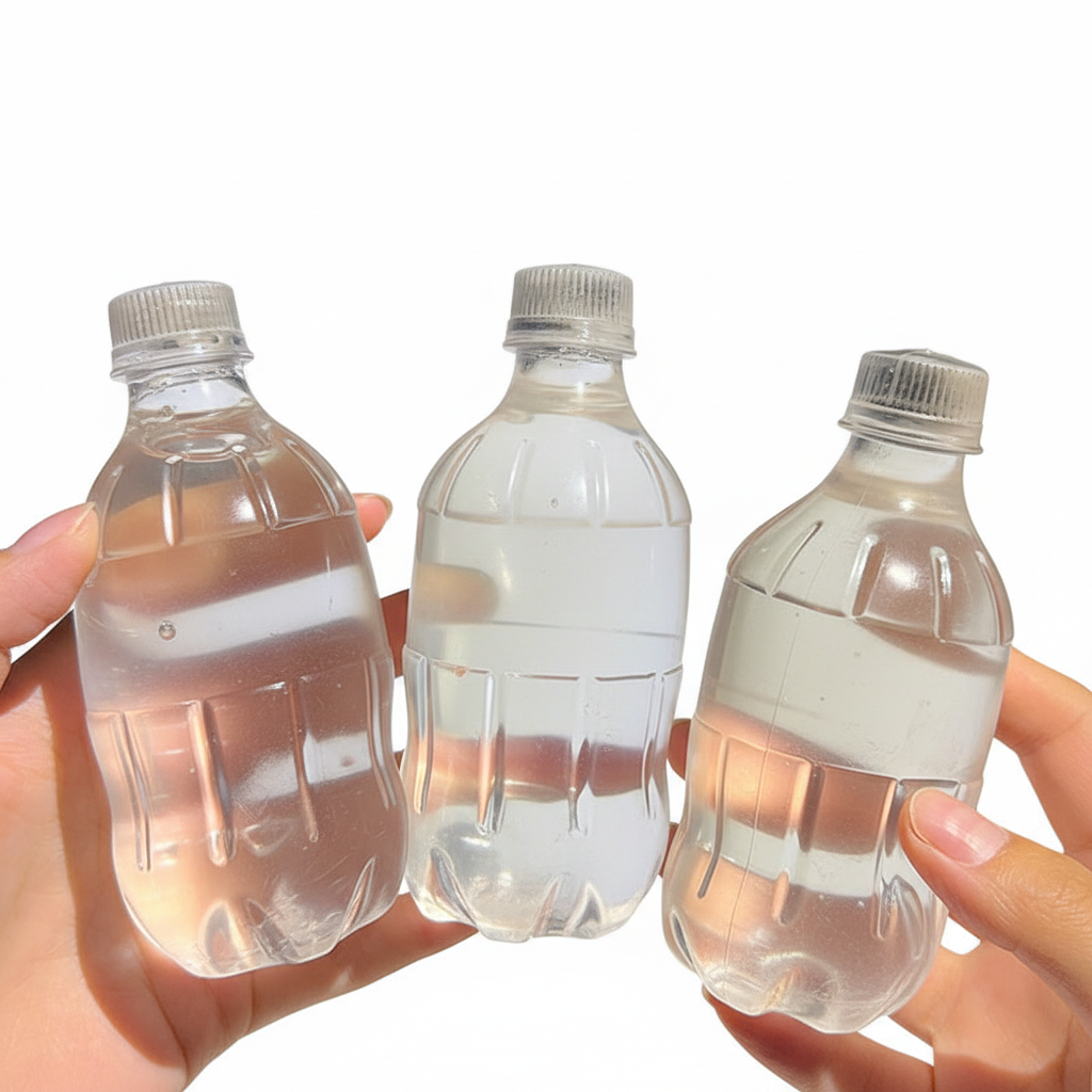 Three clear water bottle squeeze toys held in hands