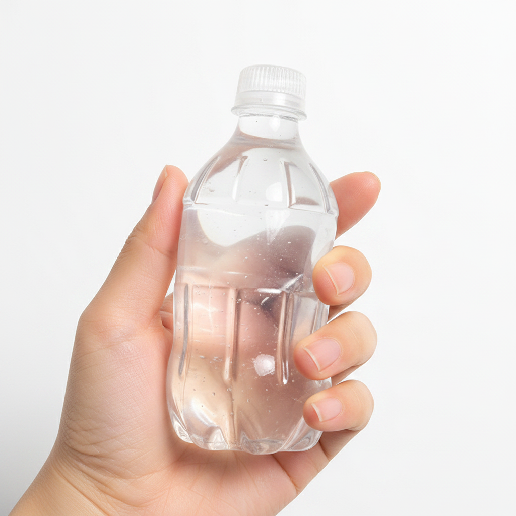 Hand holding a clear water bottle shaped squeeze toy