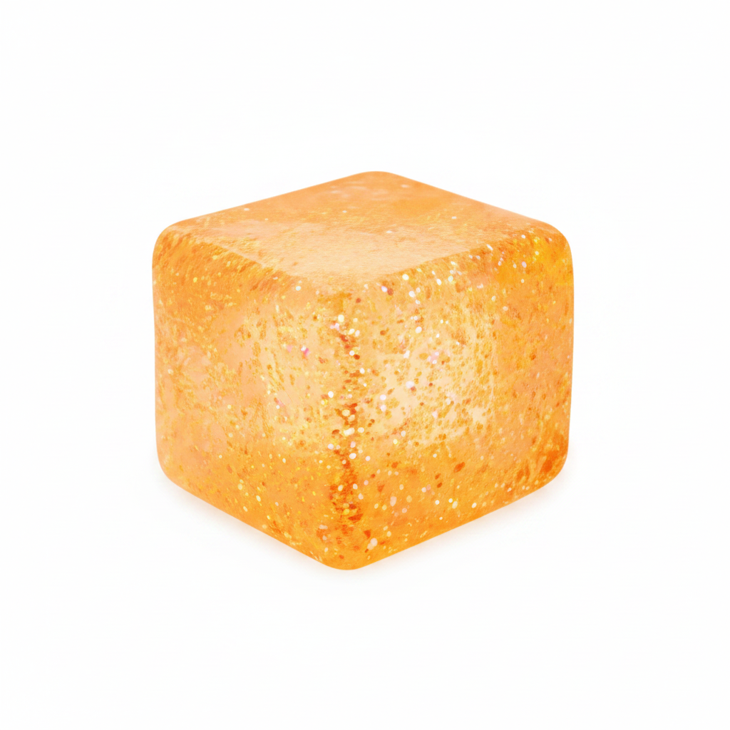 Orange glitter squishy cube sensory stress toy with sparkly glitter inside, white background