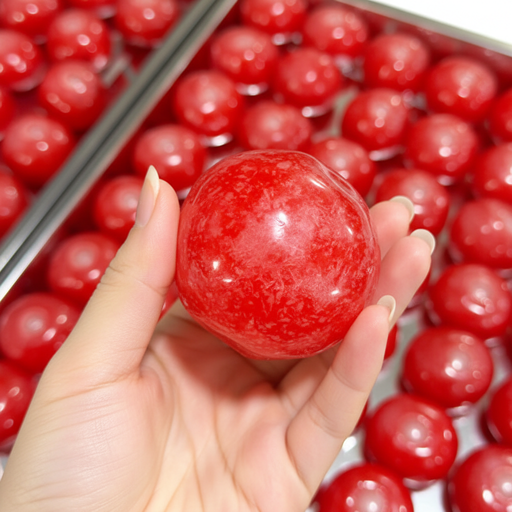 Hand holding a glossy red watermelon ice ball squishy with tray in background