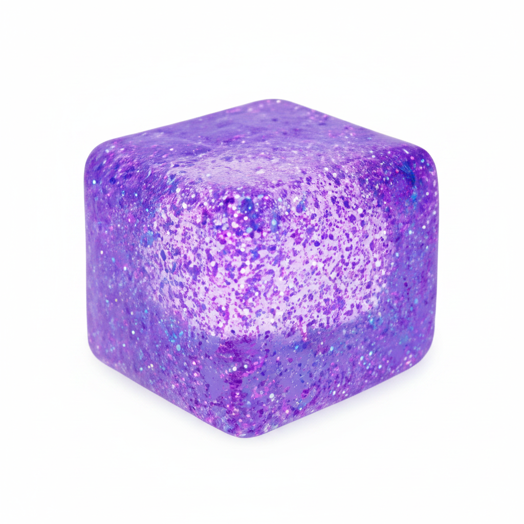 Purple glitter squishy cube sensory stress toy with sparkly glitter inside, white background