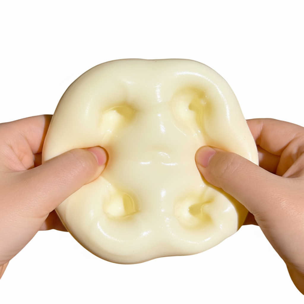 Fingers pressing into cheese block squishy toy showing deep indentations