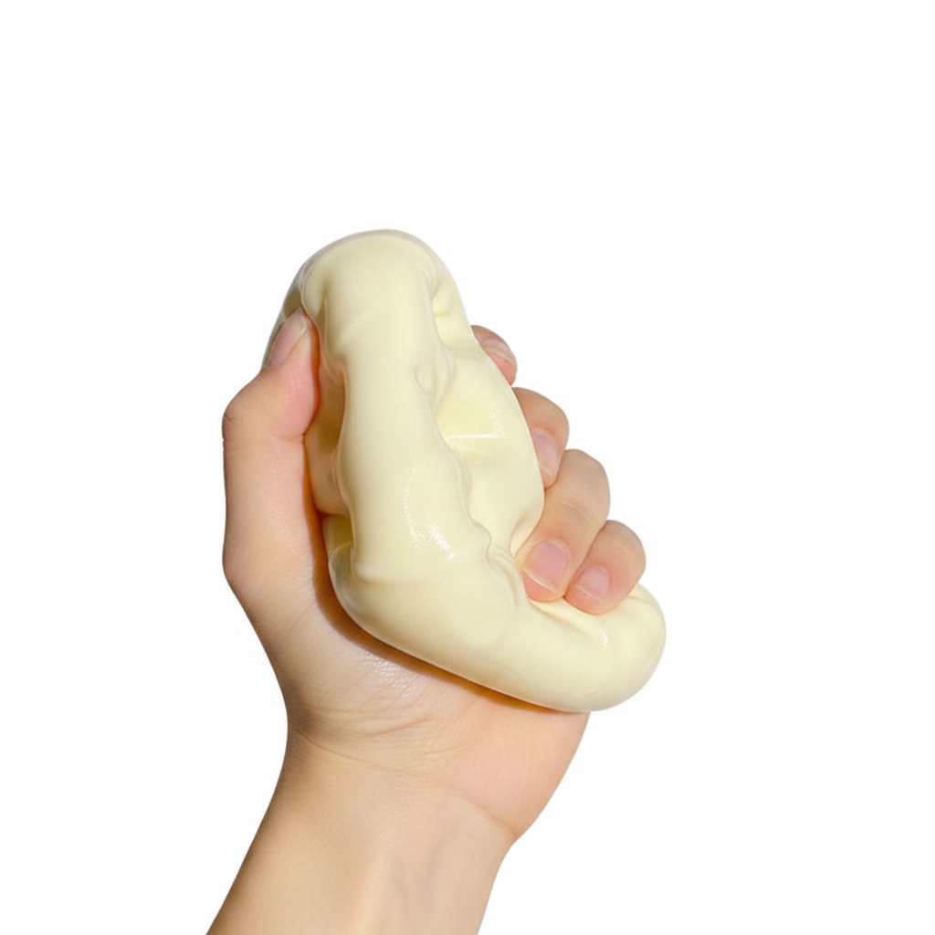 Hand squeezing cheese block squishy toy flat showing extreme softness