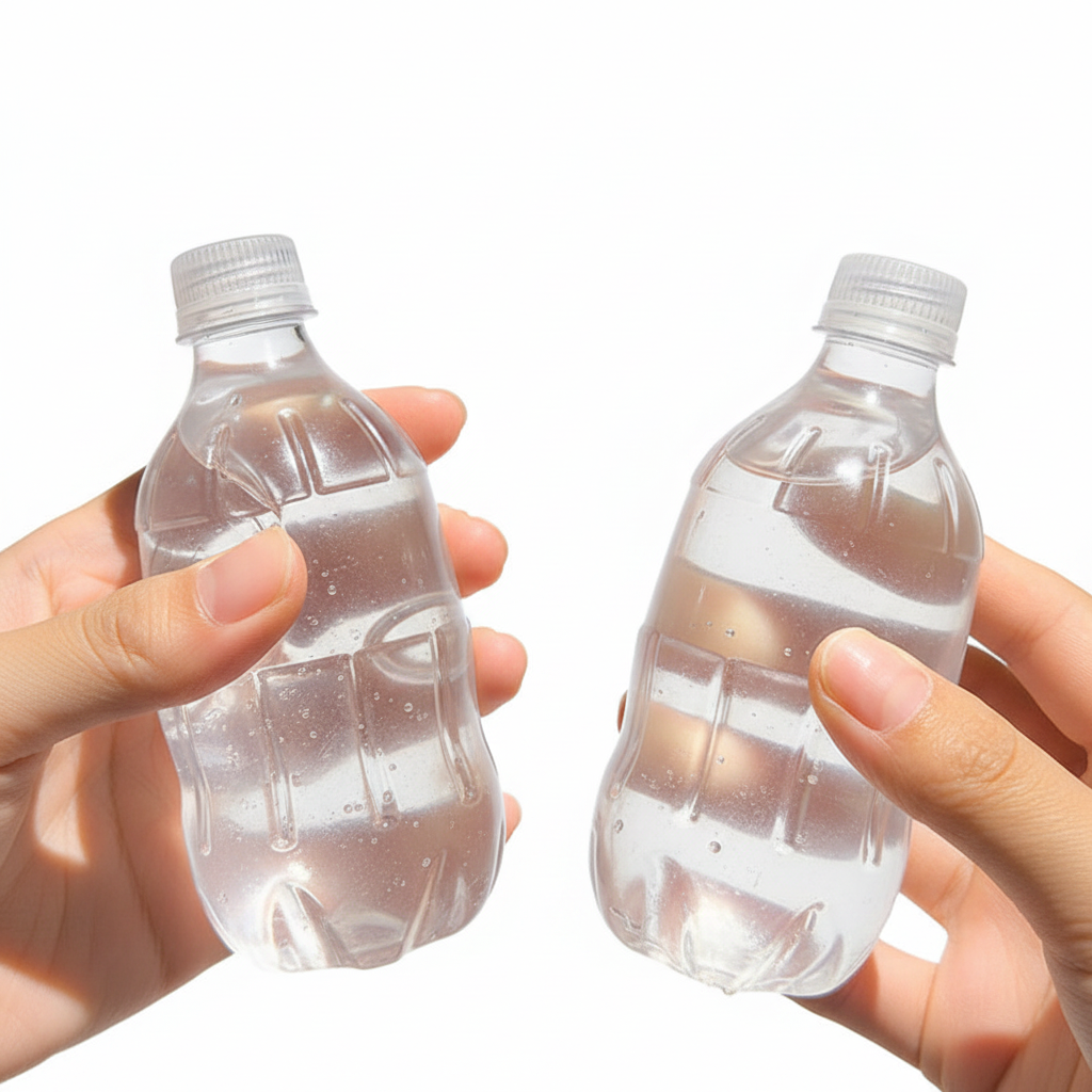 Two clear water bottle squeeze toys held in two hands
