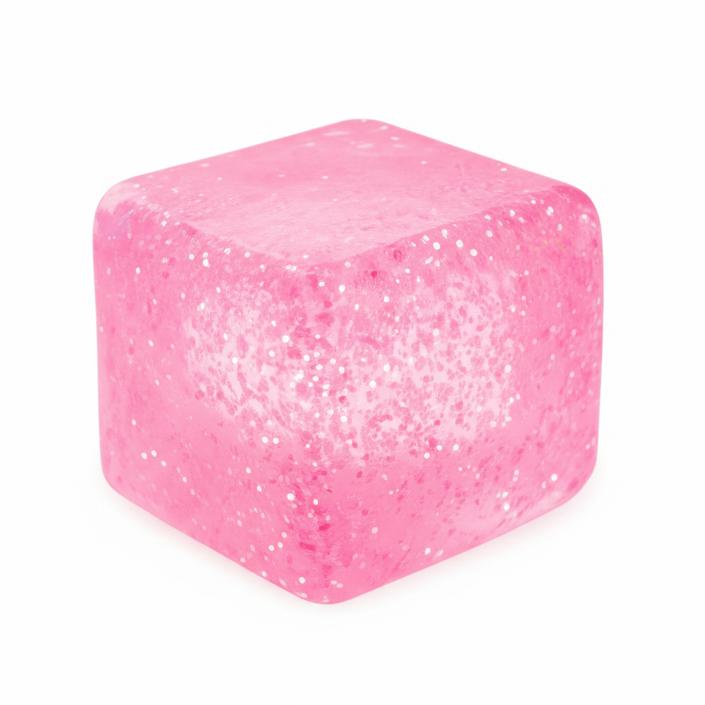 Pink glitter squishy cube sensory stress toy with sparkly glitter inside, white background