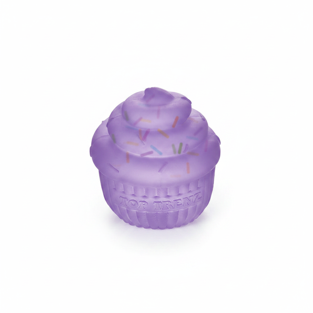 Purple cupcake squishy toy on white background