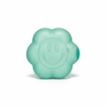 Teal daisy squishy toy with smiley face on white background