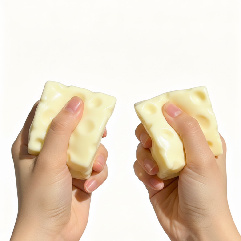 Two hands holding creamy white cheese block squishy toys