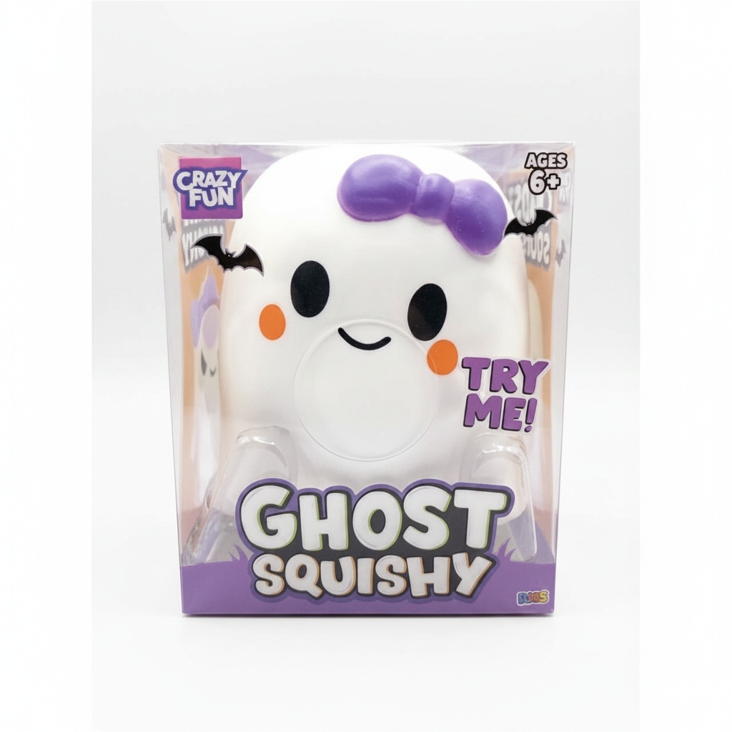 Crazy Fun Ghost Squishy with purple bow in retail box — white ghost character with orange cheeks, ages 6+