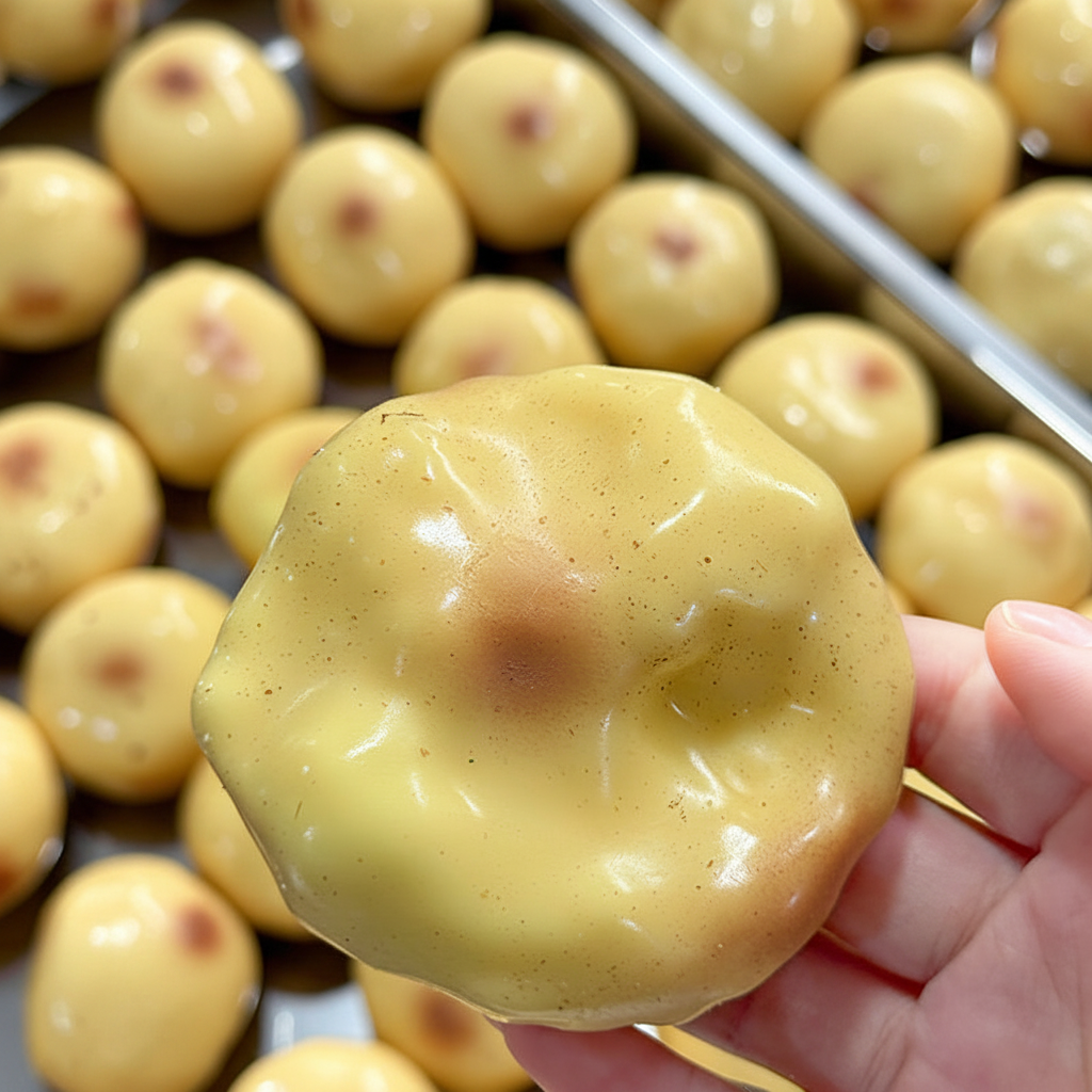 Hand squeezing a potato squishy ball showing extreme deformation