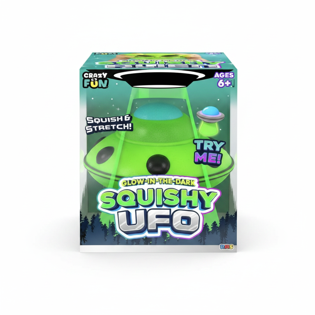 Crazy Fun Glow-in-the-Dark Squishy UFO in retail box — green flying saucer design, ages 6+, white background