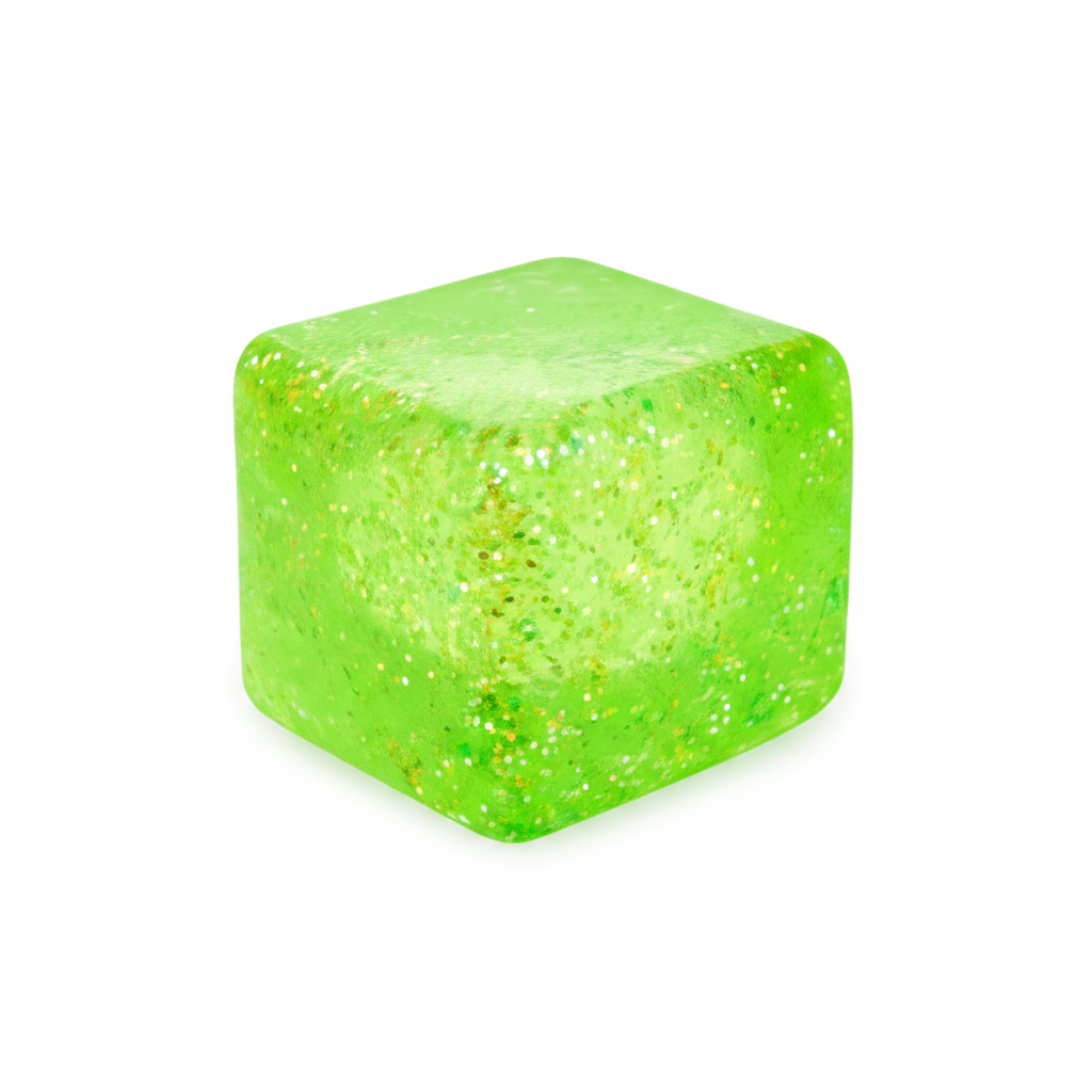 Green glitter squishy cube sensory stress toy with sparkly glitter inside, white background