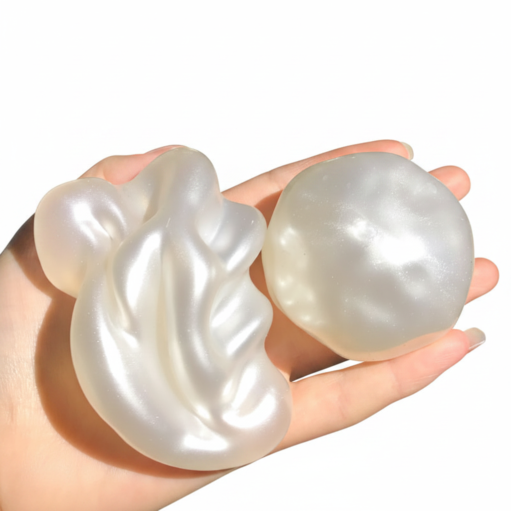 Pearl white stress ball squeezed flat showing softness