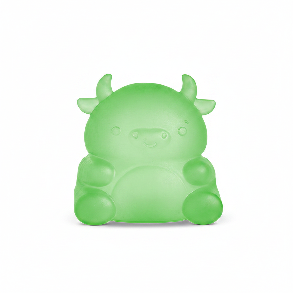 Green cow squishy toy on white background
