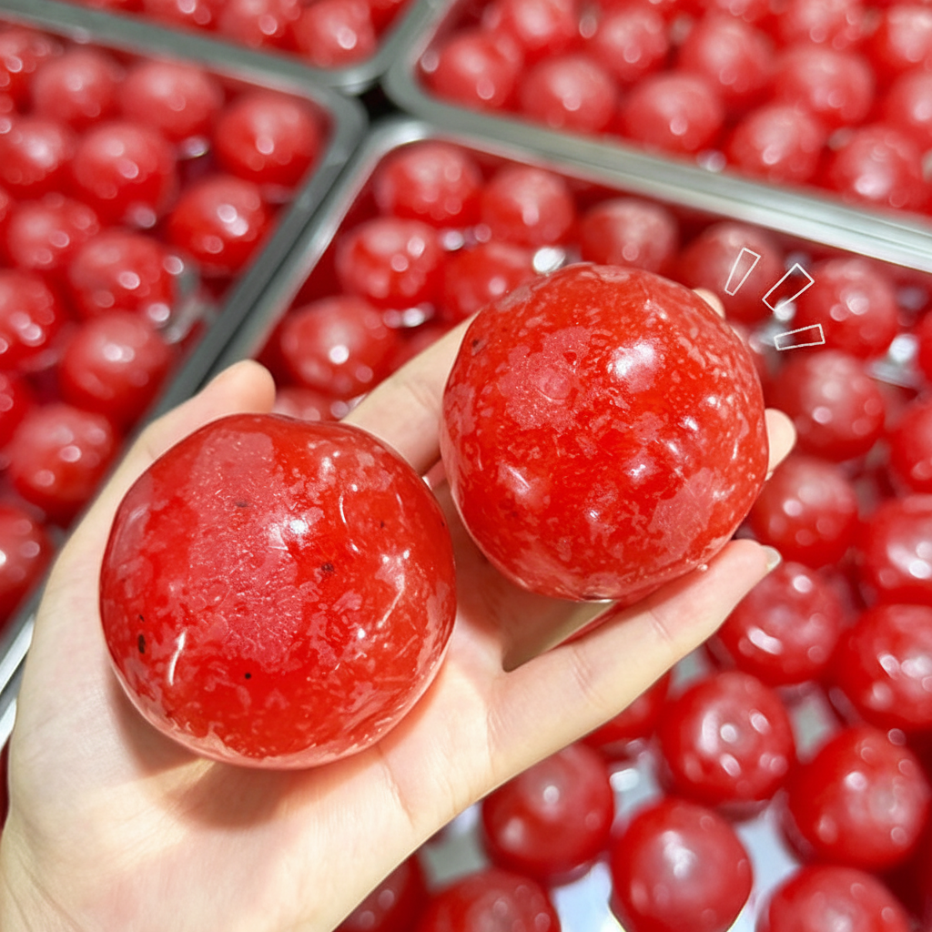 Hand holding two glossy red watermelon ice ball squishies
