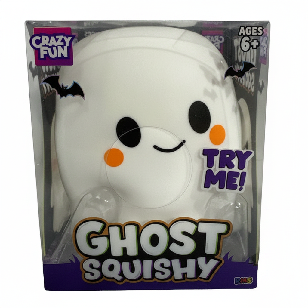 Crazy Fun Classic Ghost Squishy in retail box — white ghost character with orange cheeks and bat graphics, ages 6+