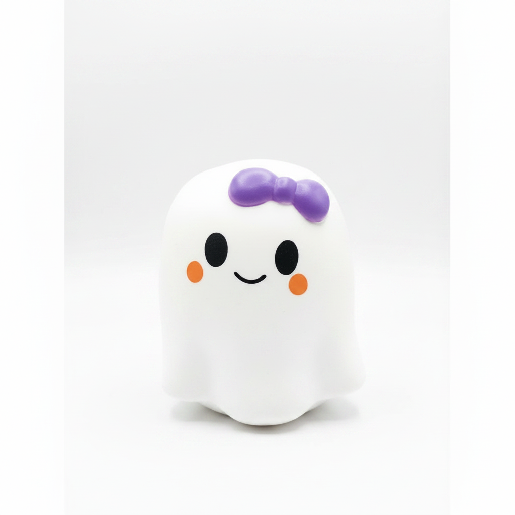 Crazy Fun Ghost Squishy with purple bow in retail box — white ghost character with orange cheeks, ages 6+