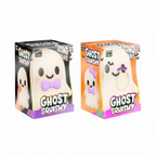 Two Crazy Fun Ghost Squishy toys side by side in retail boxes — white ghost with purple bow and classic white ghost, white background