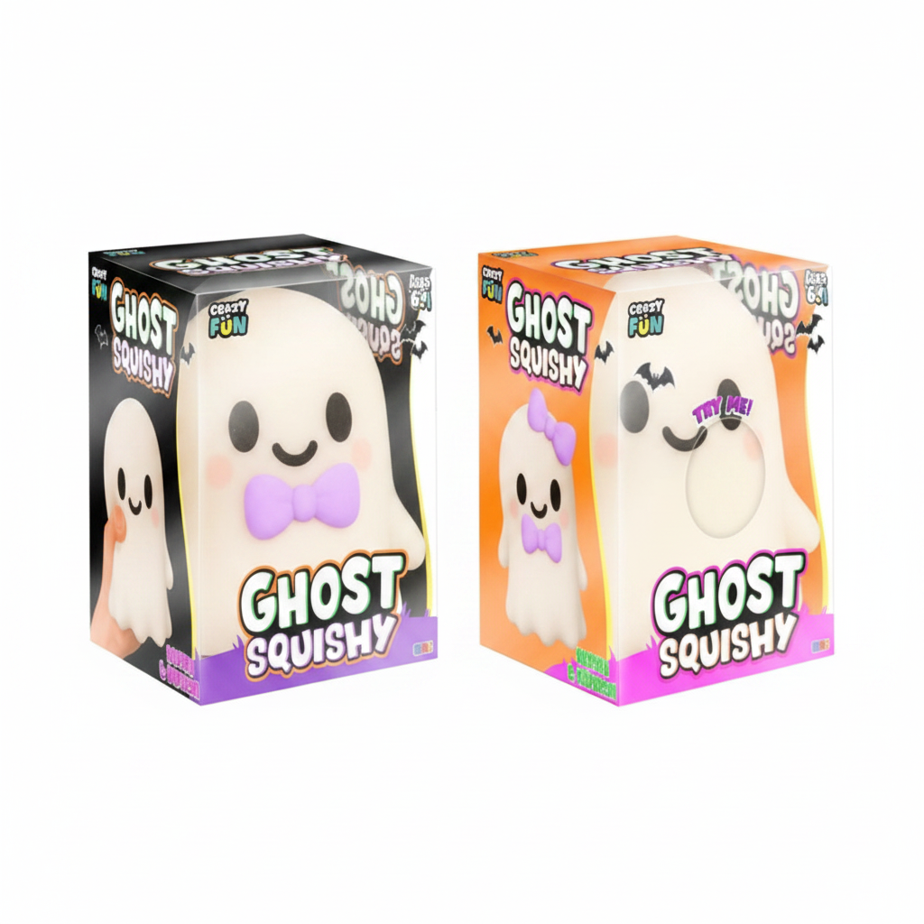 Two Crazy Fun Ghost Squishy toys side by side in retail boxes — white ghost with purple bow and classic white ghost, white background