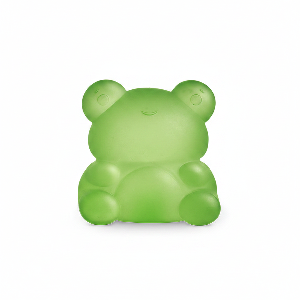 Green Frog Sugar Squisher squishy slow-rise stress toy on white background
