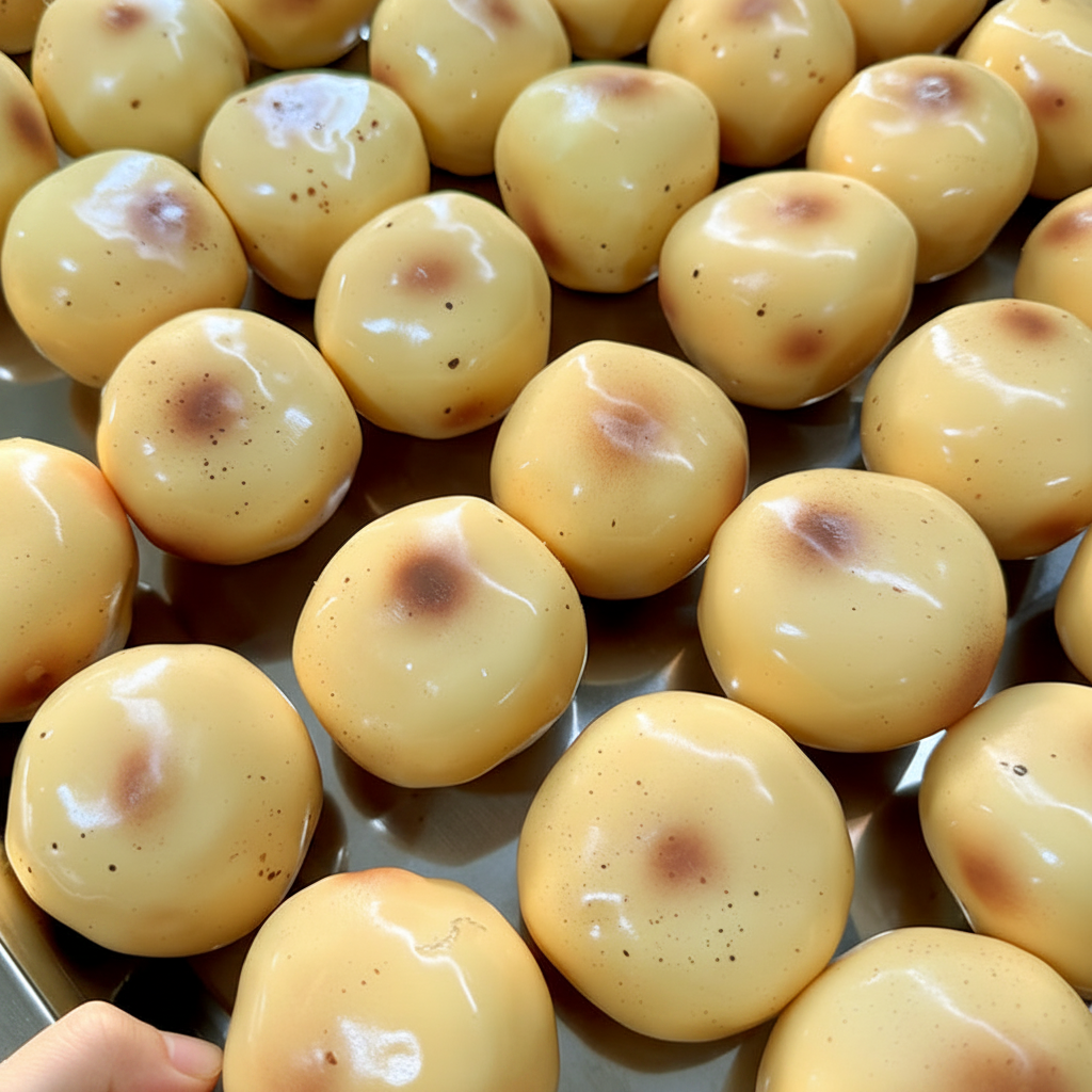 Many glossy golden potato squishy balls arranged on a tray