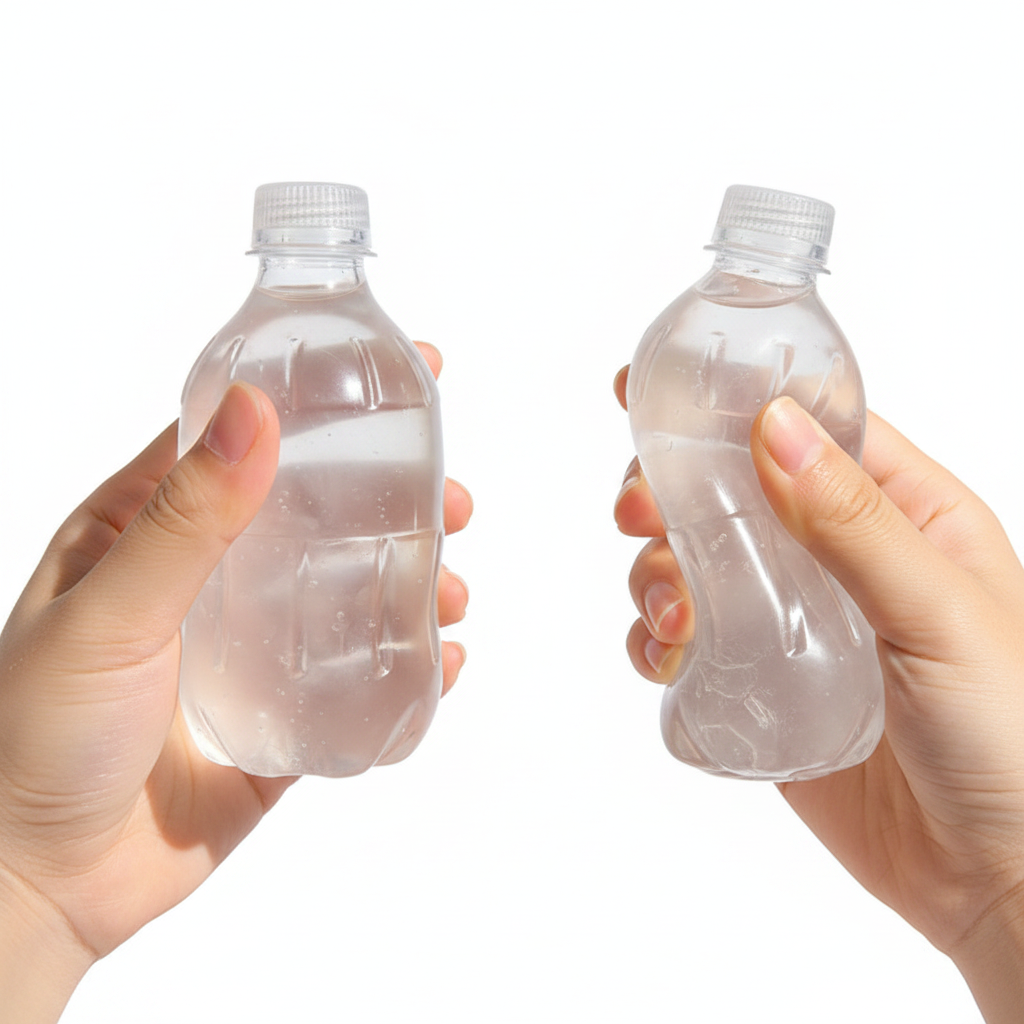 Two clear water bottle squeeze toys showing before and after squeeze