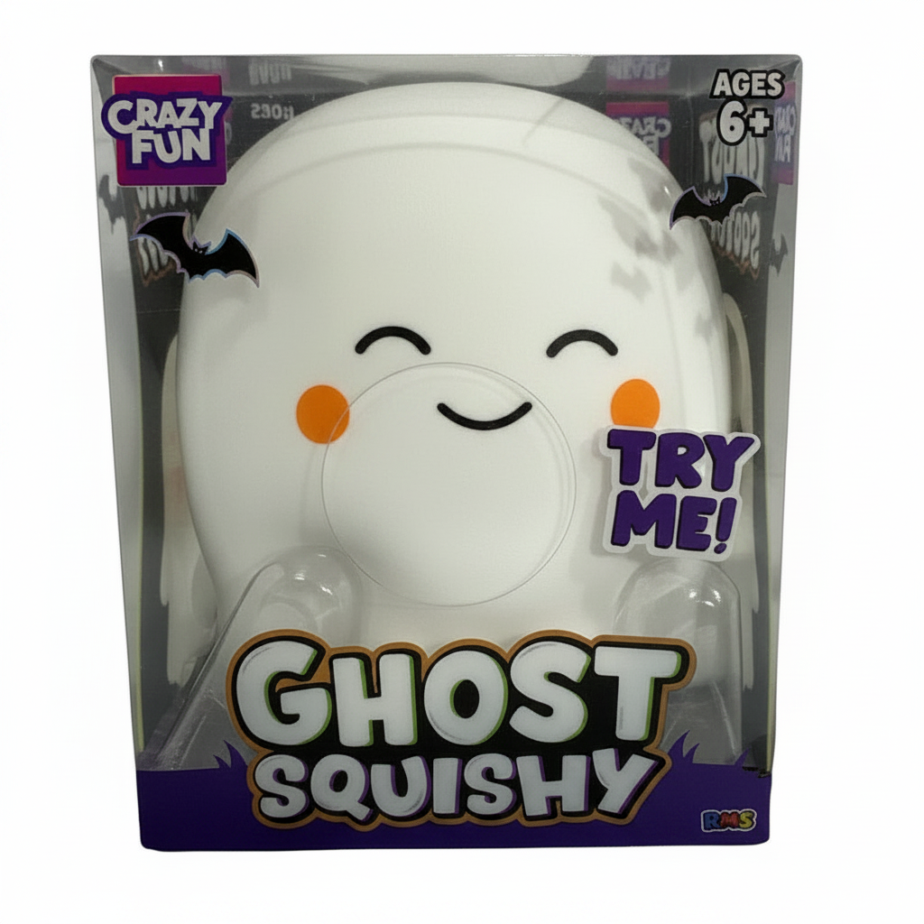 Crazy Fun Classic Ghost Squishy in retail box — white winking ghost character with orange cheeks and bat graphics, ages 6+