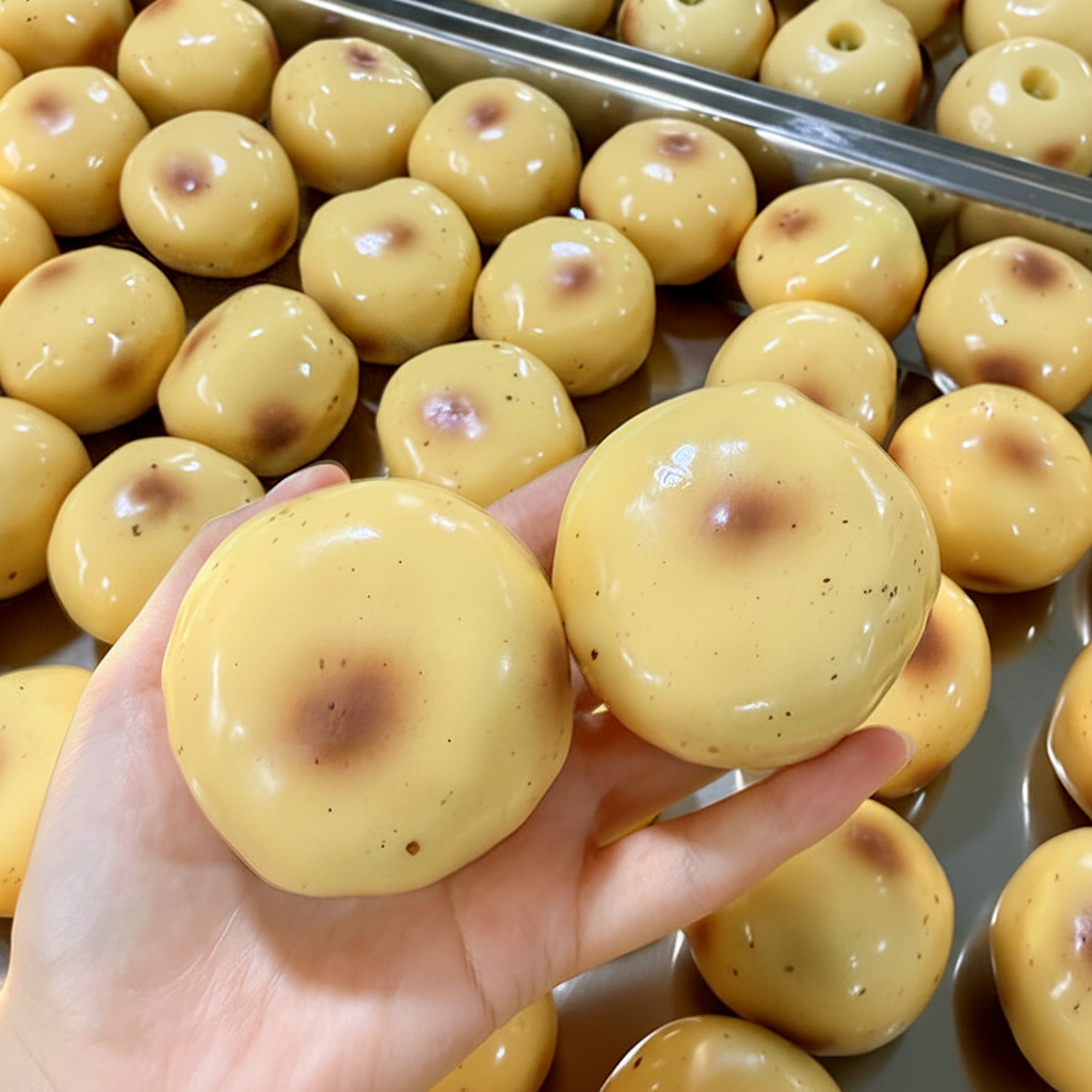 Hand holding a single potato squishy ball with tray of squishies in background