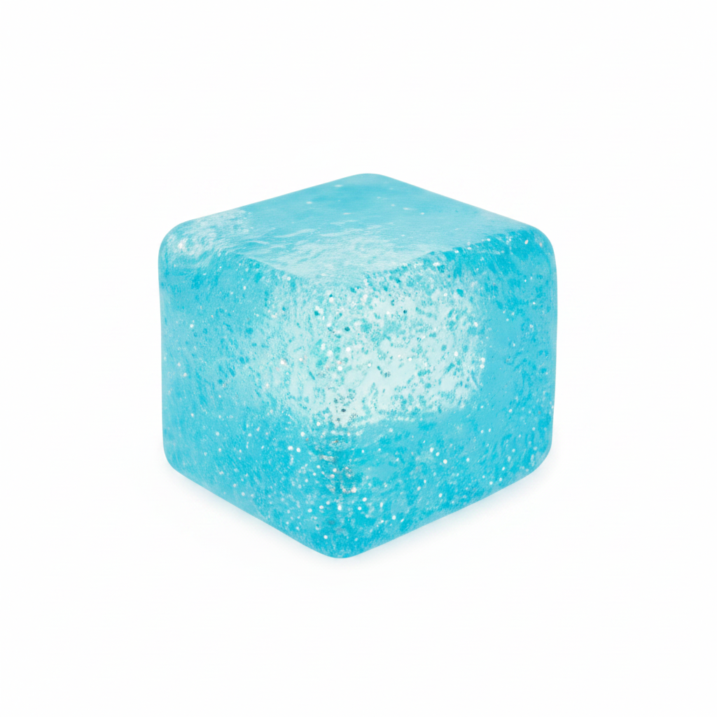 Blue glitter squishy cube sensory stress toy with sparkly glitter inside, white background