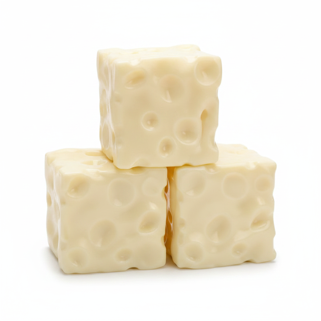 Four cheese block squishy toys stacked in a pyramid