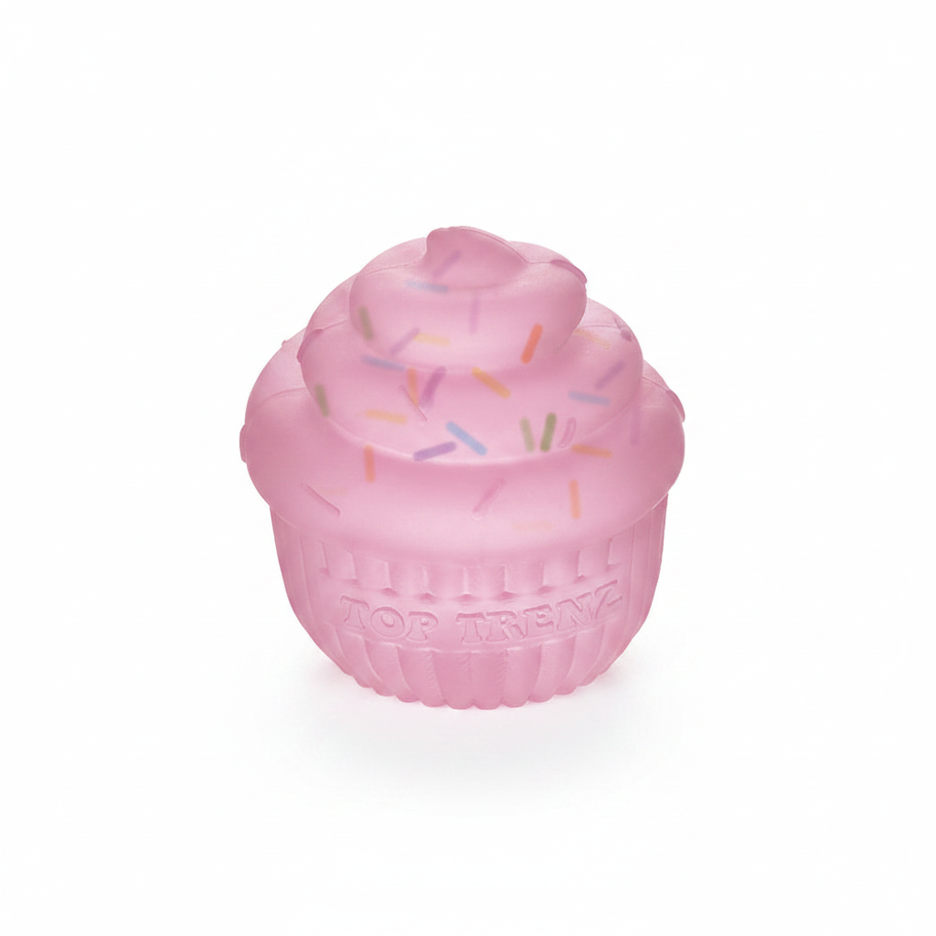 Pink cupcake squishy toy on white background
