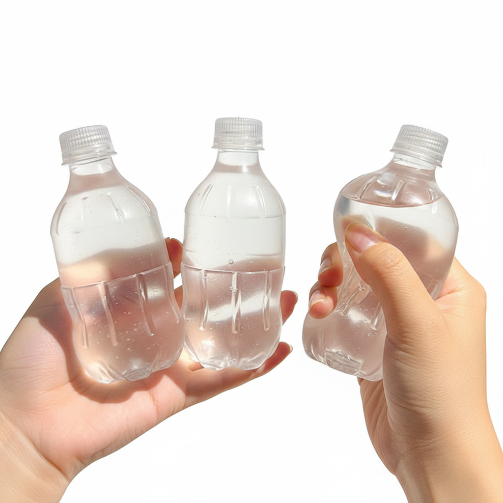 Three clear water bottle squeeze toys, one being squeezed
