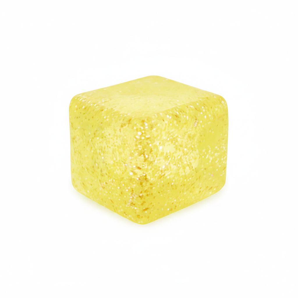 Yellow glitter squishy cube sensory stress toy with sparkly glitter inside, white background