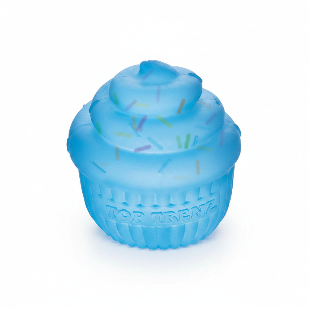 Blue cupcake squishy toy on white background