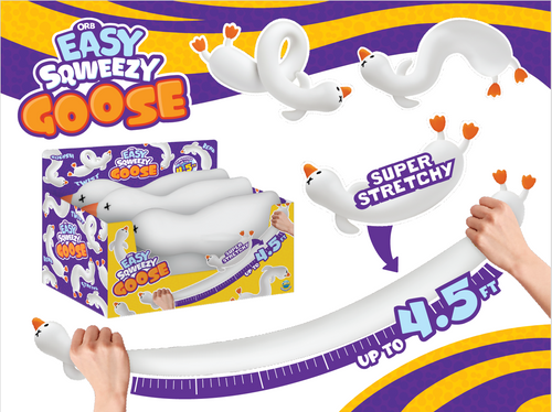 Super stretchy toy goose with packaging and hands stretching it out